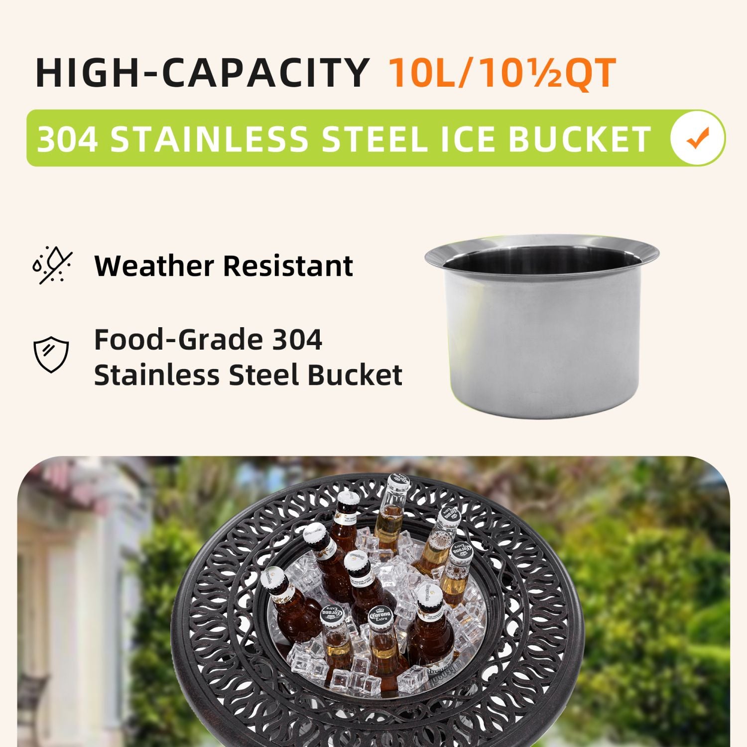 21" Side Table With Removable Ice Bucket- Rustproof Cast Aluminum Frame, Hand-Brushed Finish, Food-Grade 304 Stainless Steel Bucket - Perfect for Indoor & Outdoor, Patio, Balcony, and Poolside - JM Variety Store
